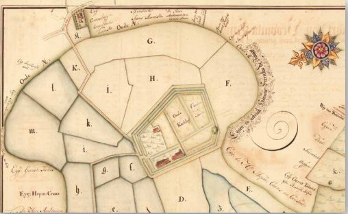 Het voormalige kloosterterrein op de kaart van landmeter Henricus Teijsinga in de Atlas der Provincielanden uit 1731.